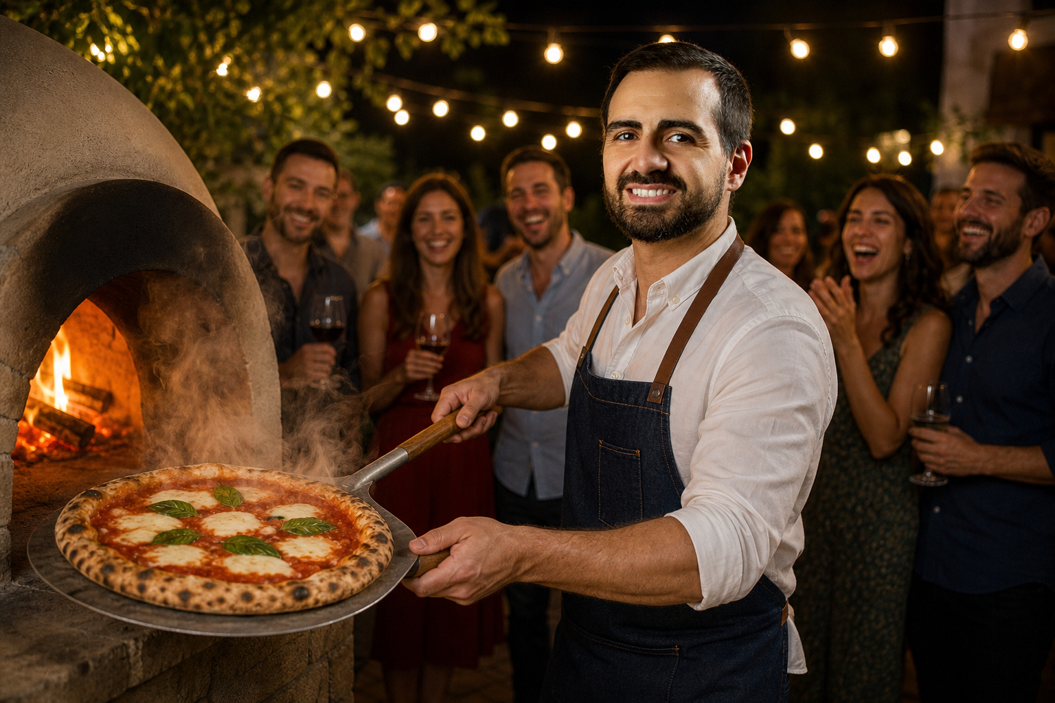 Pizzaiolo tirando pizza do forno a lenha